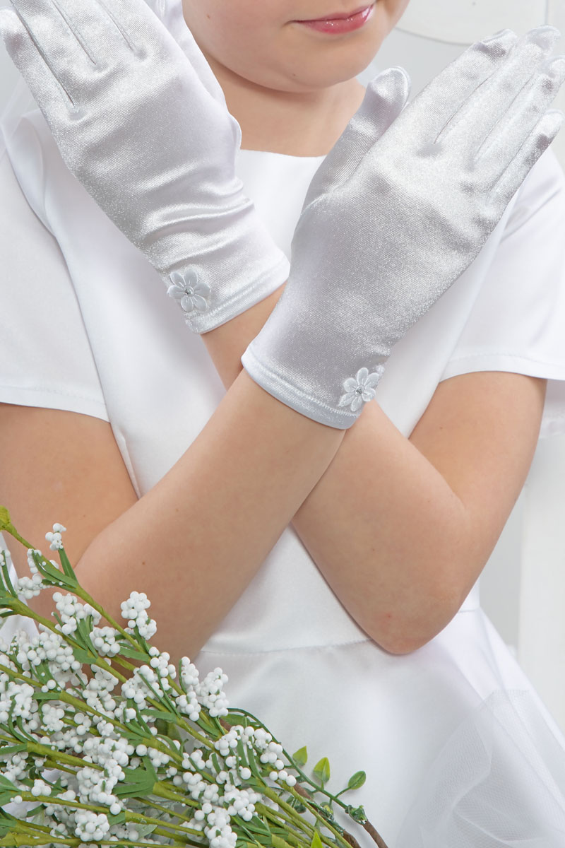 Gładkie rękawiczki z białym kwiatkiem z cyrkonią NR2